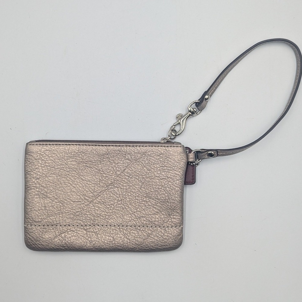 Coach Wristlet Metallic Pewter Pebbled Leather Silver Logo Small - Picture 2 of 9